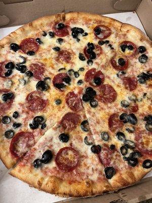 Medium Cheese Pizza with pepperoni and black olives