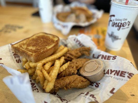 3 piece basket. Fries were hot and crispy. Chicken was tender and juicy (not too much batter). Great sauce. Solid chicken tender meal