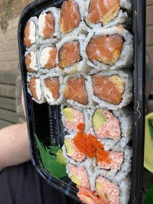 Crispy Salmon Crunch, Philadelphia Roll, and California Roll