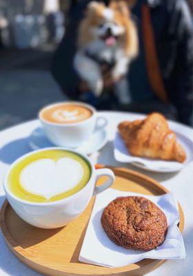 Matcha Latte ($6+$1.25 oat milk), Mocha ($6.25), The Midwife and The Baker Chocolate Chip Cookie + Plain Croissant