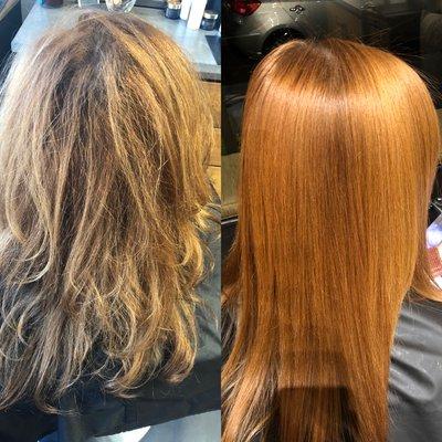 Before and after Keratin straightening treatment.