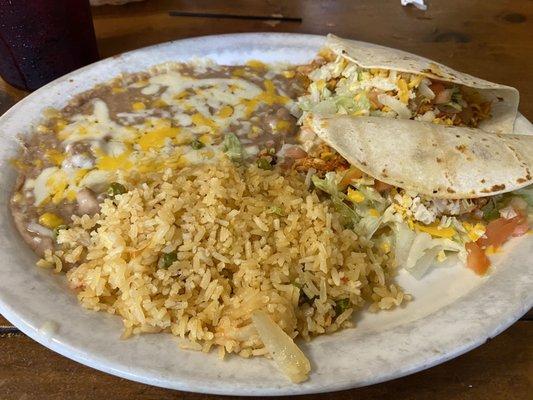 Chicken tacos and rice and beans