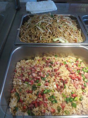 Fresh batch of fried rice and chow mein.