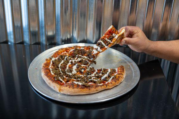 Beef Shawarma Pizza With Tahini Sauce