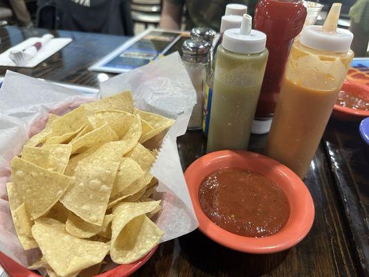 Lots of salsa options with some yummy chips.