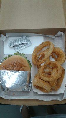 Burger with homemade onion rings