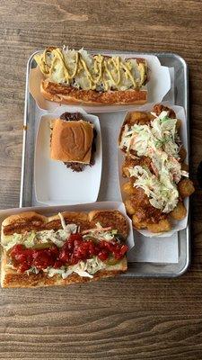 Tex mex sausage bottom left Love boat middle right Das Brat top Cheeseburger slider middle left