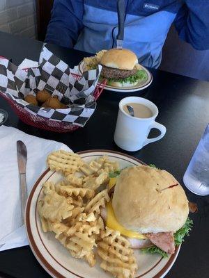 Club sandwich, fried mushrooms, and stuffed burger