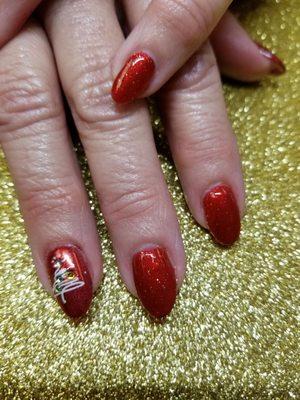 Christmas nails.  No chip gel over nail dip. Beautiful, strong and festive.