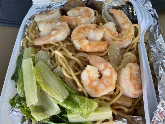 Garlic Noodles with Prawns, Teriyaki Chicken Meatballs and Stir-Fried Romaine Lettuce