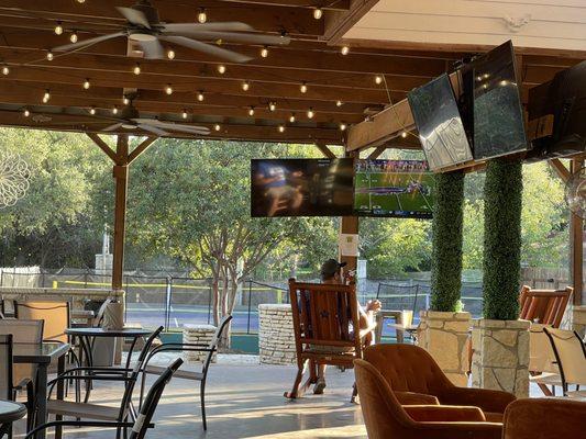 Pickle ball courts and relaxing seating while watching the game.