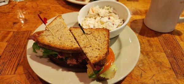 Bacon lettuce avocado tomato sandwich with coleslaw