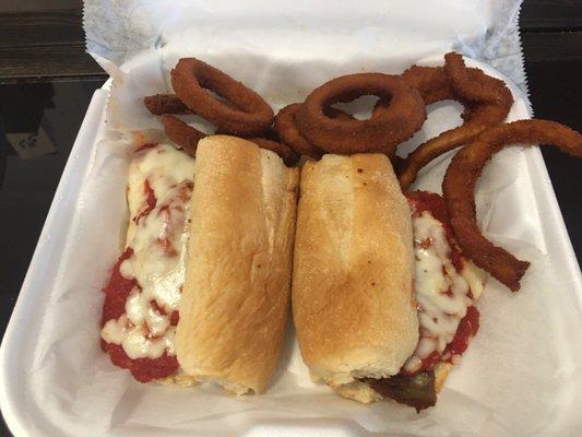 Eggplant Parmesan Parmigiana Sub and Onion Rings, so goood!!