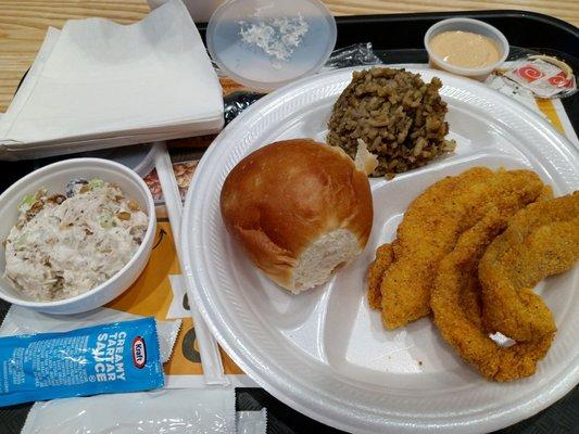 Finally tried out their catfish. It was pretty good. Side of chicken salad because I love it. Dirty rice for a side.