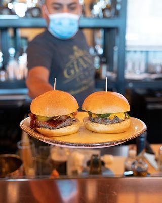 Slider Duo - Choose two burgers from our Burger Menu to sample as an appetizer (Pictured: BBQ Bacon Burger and High Proof Burger)