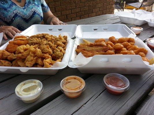 Seafood platter, corn fritters, home made dipping sauces