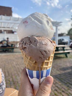 strawberry (1 scoop) and chocolate (1 scoop) on waffle cone