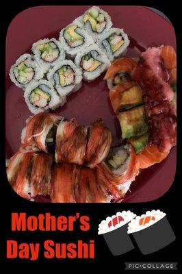 Took sushi to go for Mother's Day! California Roll, Fami Le Roll, Shaggy Dog Roll 5.9.21