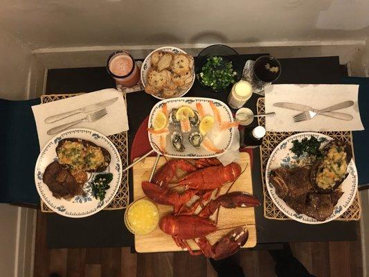 Valentines dinner, with Maine lobsters and kusshi oysters