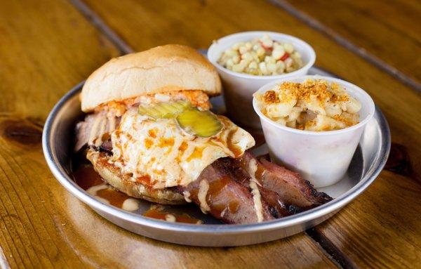 Tuck Special - Sliced Brisket, Over-Easy Egg, Red & White BBQ Sauce, Spicy Pimento Cheese and Pickles