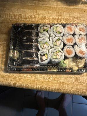 My wife and I ordered three types of sushi from red bowl. It cost $50.00 with delivery fee. Do not order from them.