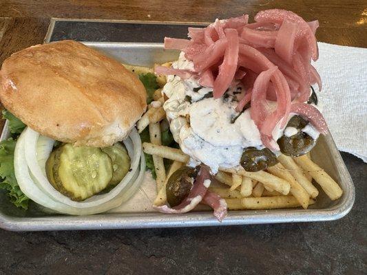 Pickled red onions and jalepenos on the best burger and aioli