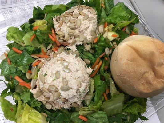 Tuna salad $7.60 tax included. The dinner roll is bigger than the tuna salad scoop. Tuna salad is salty. Not recommend. :/