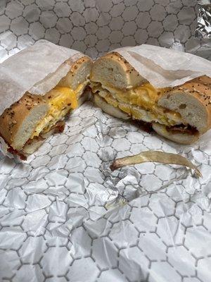 Bacon, eggs, cheese on everything bagel.