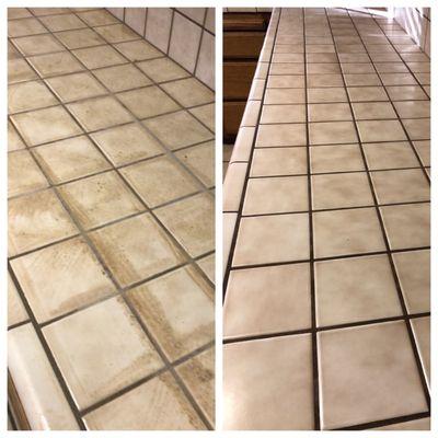 Kitchen Counter tile shows years of buildup