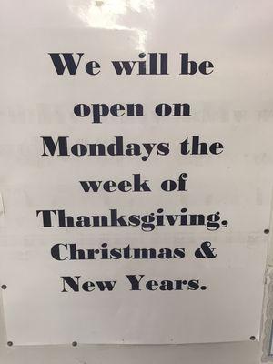 Special holiday hours