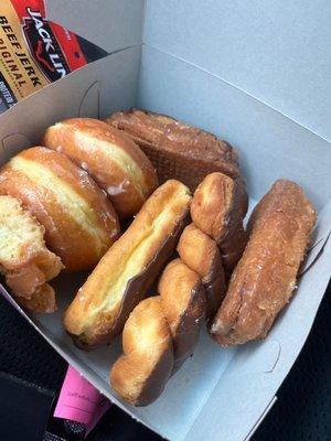 Chocolate bar, chocolate twists, old fashion and glazed donuts