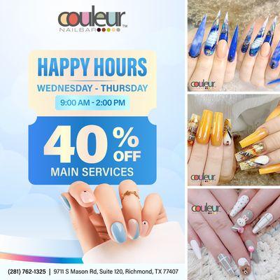 HAPPY HOURS
40% OFF Main Services
Wednesday - Thursday
9:00 AM - 2:00 PM