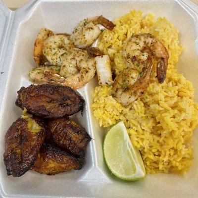 Grilles shrimp platter with plantains and yellow rice