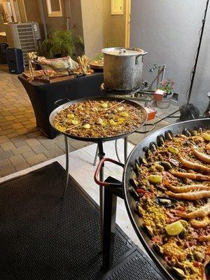 Seafood and a meat Paella with Jamon setup. Amazing.