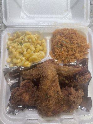 Fried Chicken, Jollof and macaroni & cheese Fried Chicken w/ 2 sides meal