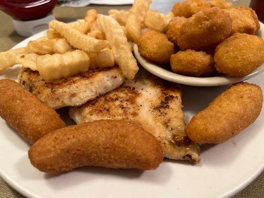 Grilled chicken, fries, corn bites