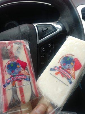 Ice Cream bars made with milk  Left coconut  Rights has party cake in the middle