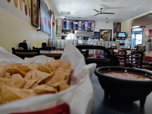 Chips and salsa, view from back of the restaurant