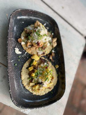 Top: Smoked Oyster Mushroom Taco Bottom: 3 Sisters Taco(Seasonal Vegetarian Taco)