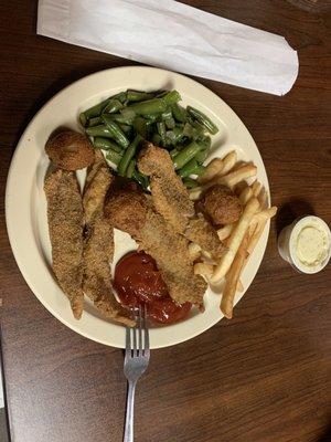 Fried catfish, french fries, green beans and hush puppies