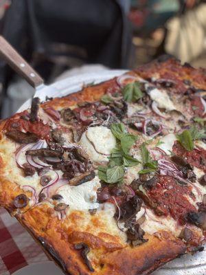 Square Pie with mushrooms, onions and olives