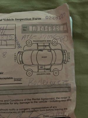 This is the paper that I tried to mark all the damages to the vehicle on.