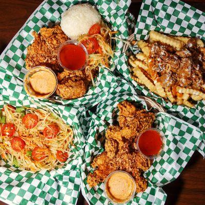 Clockwise: 2pc special w/ papaya salad and rice (yum!), panang curry fries (nah), spicy wings (yes!), papaya salad (entree order, great)