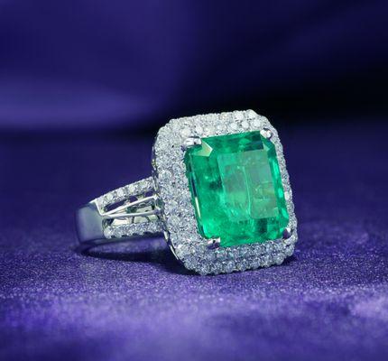 A closer look at the original one-of-a-kind 8 carat emerald ring. It's rarer than diamonds. Available only in store.