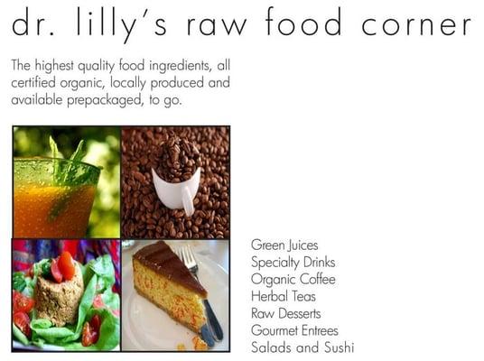 Our Food Corner offers 100% Certified, Organic Coffee, Raw Juices, Sandwiches, Salads, Desserts.  Our packaging is 100% recycled