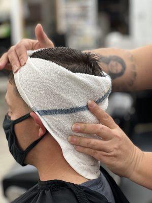 A hot towel at the end of a haircut is always relaxing!