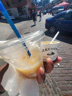 Apple cider slush and Beechers all in ONE HAND. I'm from the hood'