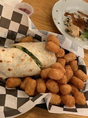 Chicken wrap and tater tots