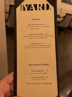 Dessert menu