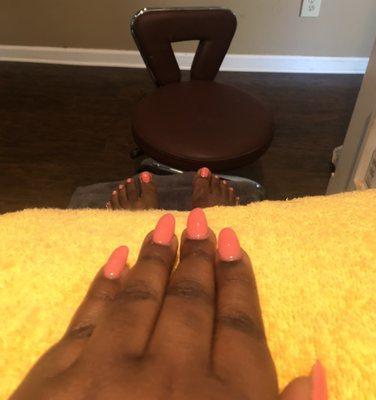 Nails; Soak off , dipping powder with extensions, paraffin wax: $55 Toes: Zen Reflexology pedicure, paraffin wax, regular polish: $70